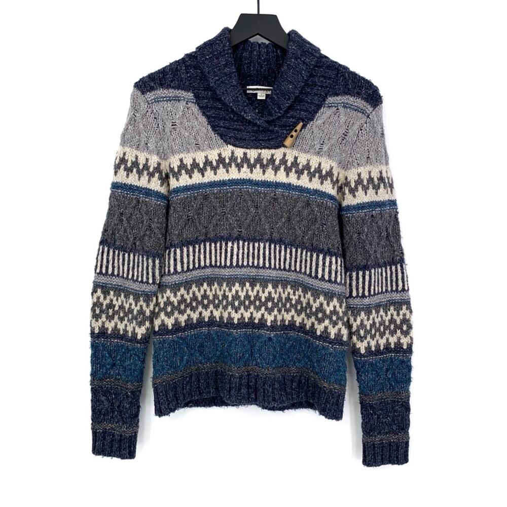 ORVIS Fair Isle Chunky Knit Cowl Neck Sweater Grey Blue Cream S